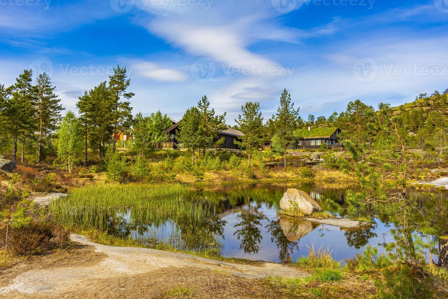 cielo blu riflessione lago fiume riflessione natura paesaggio nissedal norvegia. foto