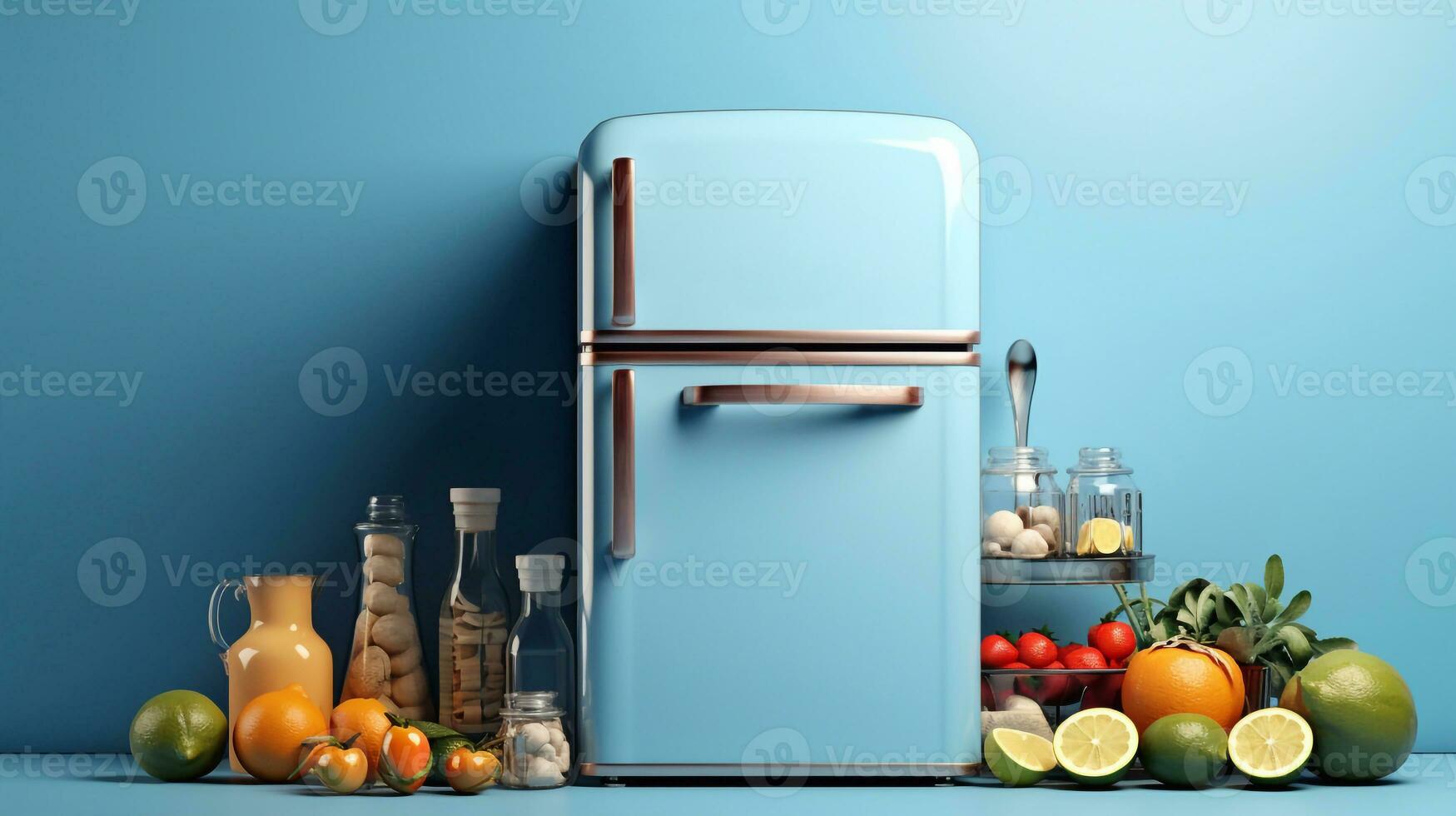 3d interpretazione di un' blu frigo con fresco frutta e verdure su un' blu sfondo generativo ai foto