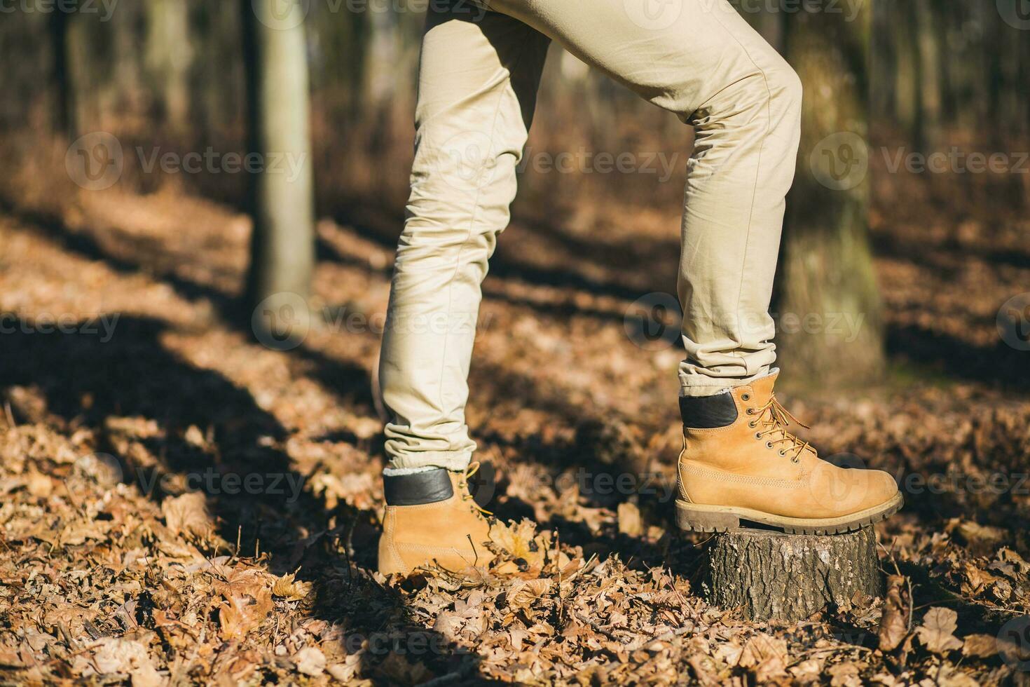 giovane fricchettone uomo in viaggio con zaino nel primavera autunno foresta foto