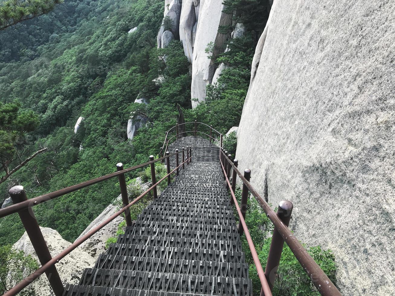il ponte con gradini che scendono dalla vetta della montagna. parco nazionale di seoraksan. Corea del Sud foto
