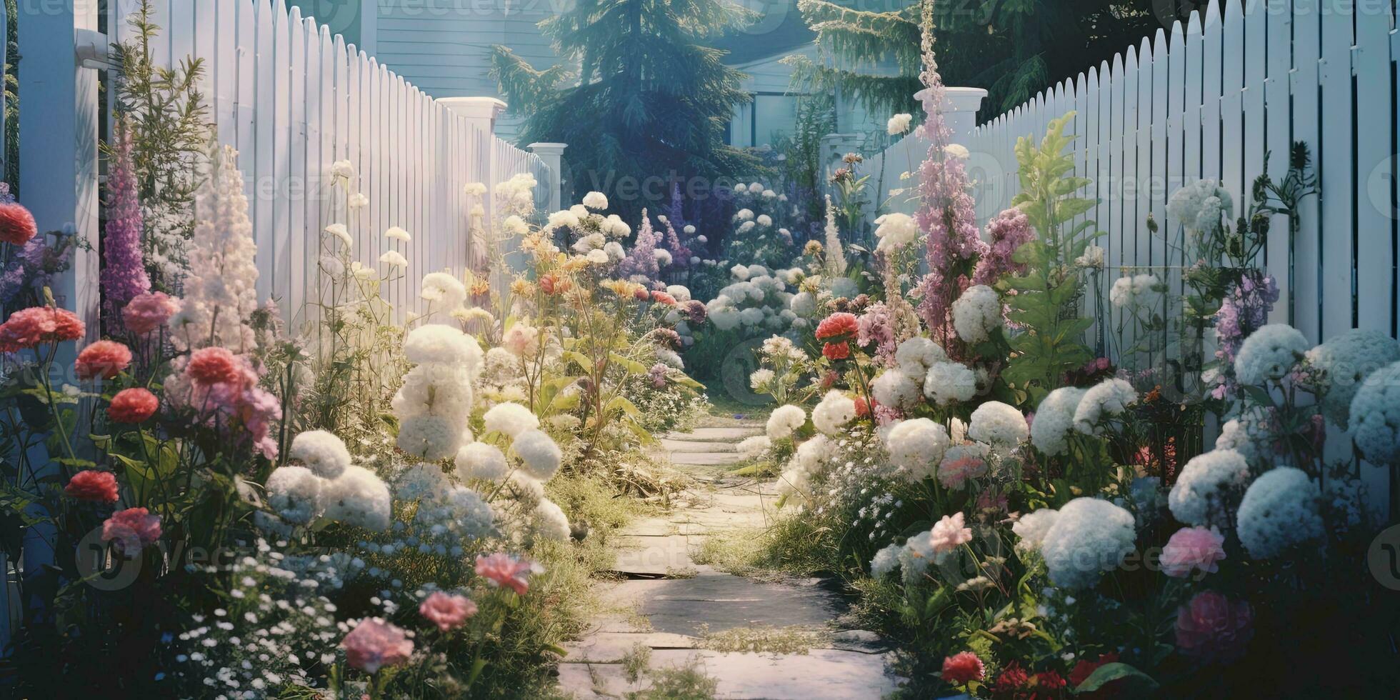 generativo ai, bellissimo estate privato giardino con molti fiori e impianti, natura paesaggio, inglese campagna Villetta stile foto