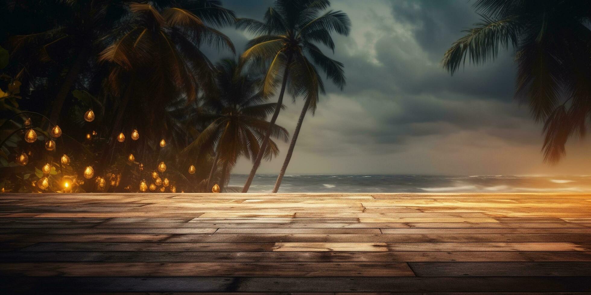 generativo ai, tropicale estate tramonto spiaggia bar sfondo. di legno tavolo superiore Prodotto Schermo vetrina vuoto palcoscenico. foto