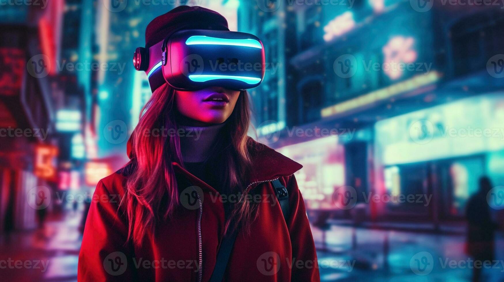 generativo ai, bellissimo donna nel vr bicchieri nel neon spazio strada, virtuale la realtà cuffia nel cyberspazio foto