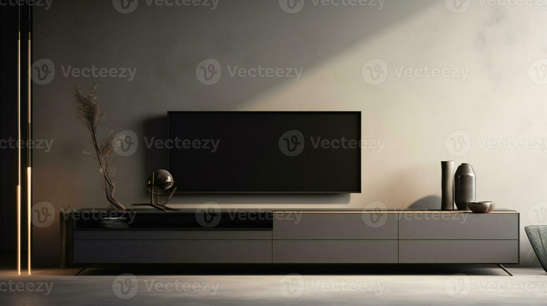 moderno tv In piedi nel un' camera con un' parete e un' vaso ai generativo foto