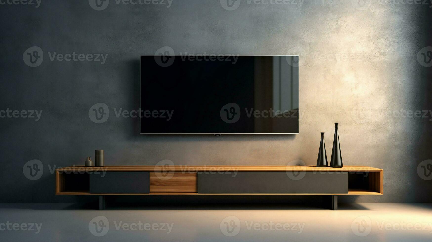 moderno tv In piedi con di legno tv e vaso nel un' camera ai generativo foto