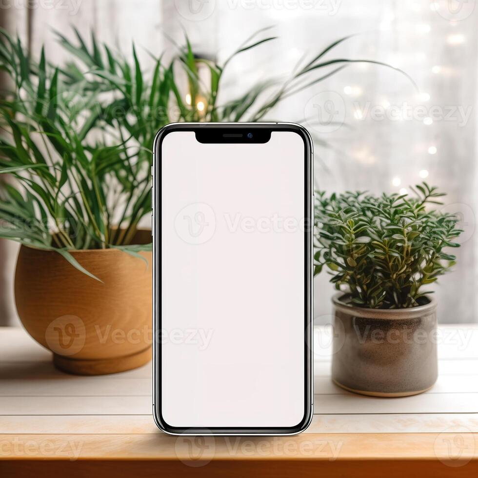 ai generativo un' smartphone su un' di legno tavolo con pianta foto