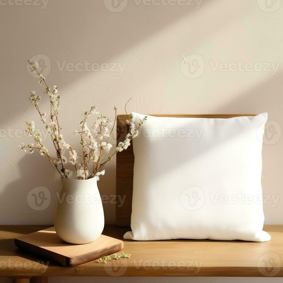 bianca cuscino con un' vaso ai generativo foto