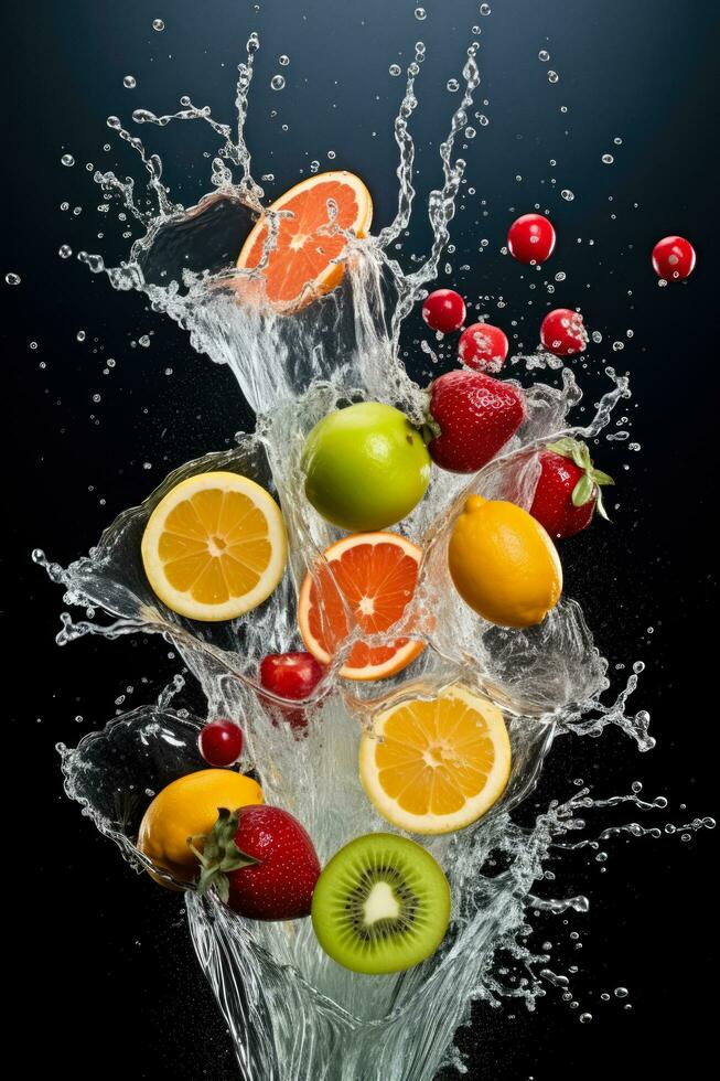 frutta la creazione di rinfrescante spruzzi come essi tuffo in vivace succo piscina foto