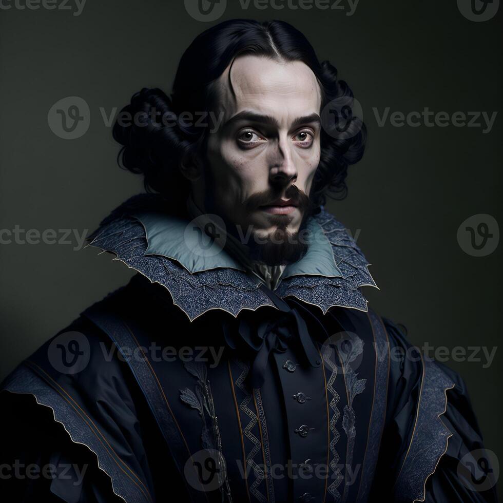 ritratto di un' di mezza età uomo chi sembra piace il inglese poeta e drammaturgo William Shakespeare. il illustrazione era creato utilizzando artificiale intelligenza, un' neurale Rete. generativo ai. foto