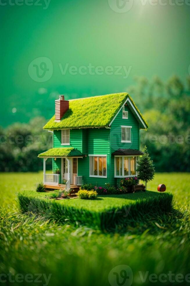 copia spazio di casa e vita concetto. piccolo modello casa su verde erba con luce del sole astratto sfondo.. ai generato foto