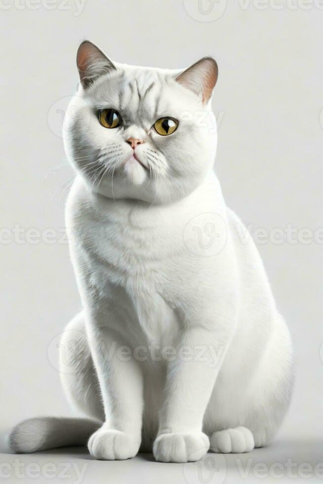 ritratto di un' argento soriano Britannico capelli corti gatto guardare a il telecamera isolato su un' bianca sfondo. ai generato foto