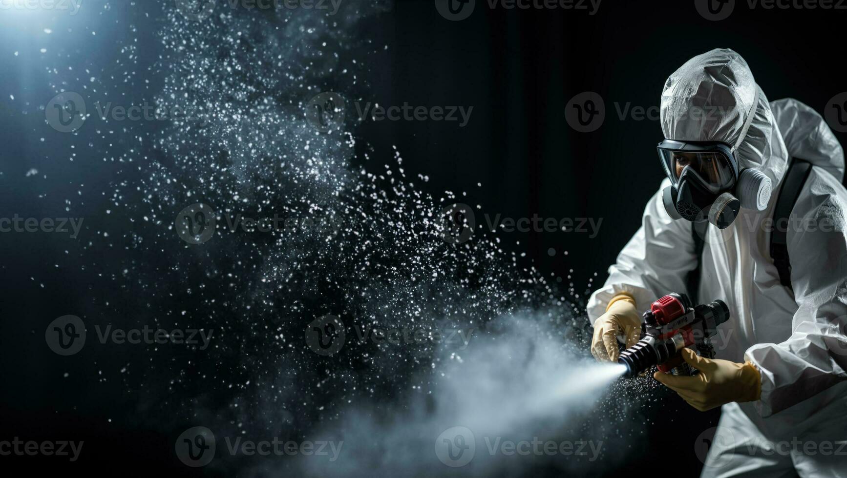 urbano Salute lavoratore spruzzatura disinfettante isolato su un' pendenza grigio sfondo foto