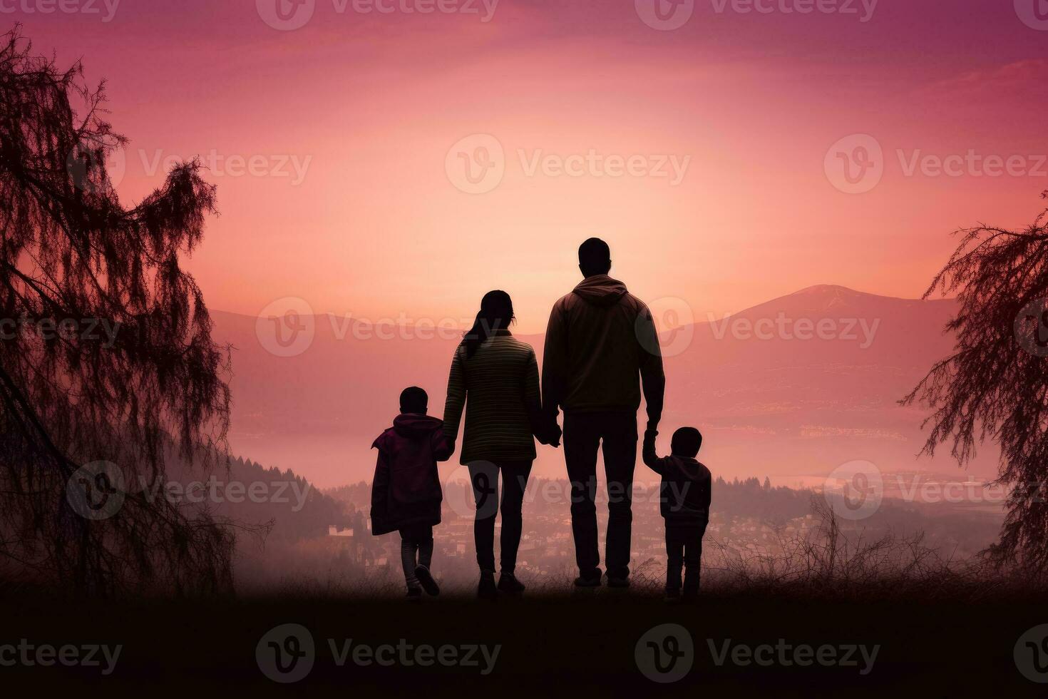 resiliente profugo famiglia guardare inoltrare isolato su un' tetro pendenza sfondo foto