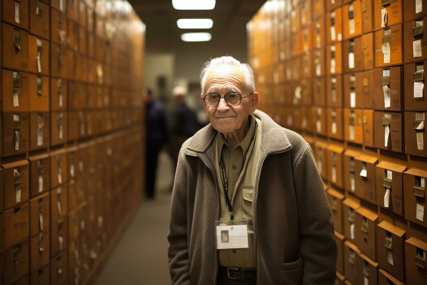 ritratto di anziano uomo in piedi nel archivio a Università. messa a fuoco su il suo viso generativo ai foto