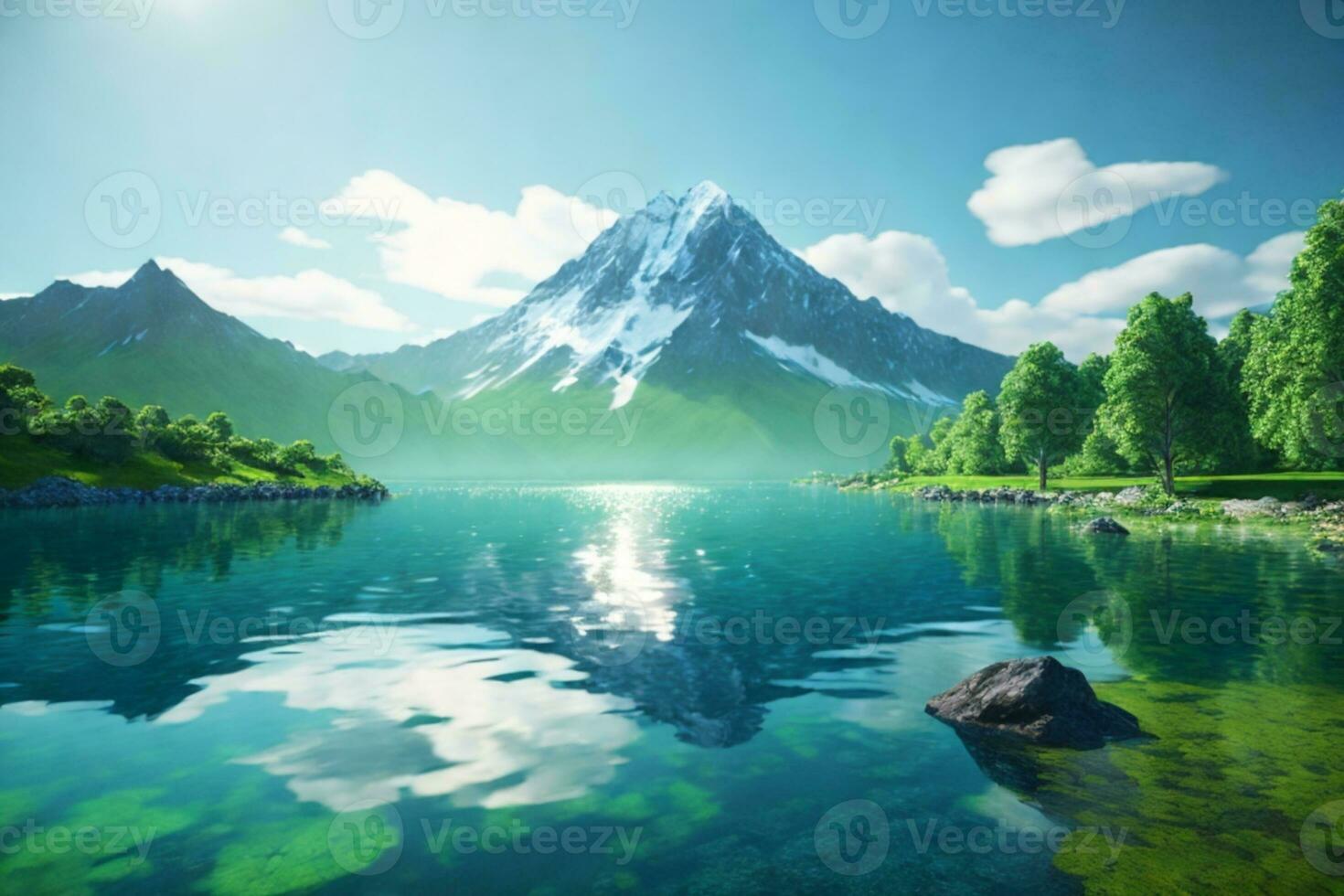 vulcanico montagna nel mattina leggero riflessa nel calma acque di lago.. ai generato foto