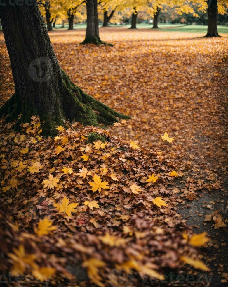bellissimo autunno paesaggio insieme a. colorato fogliame nel il parco. caduta le foglie naturale sfondo. ai generato foto