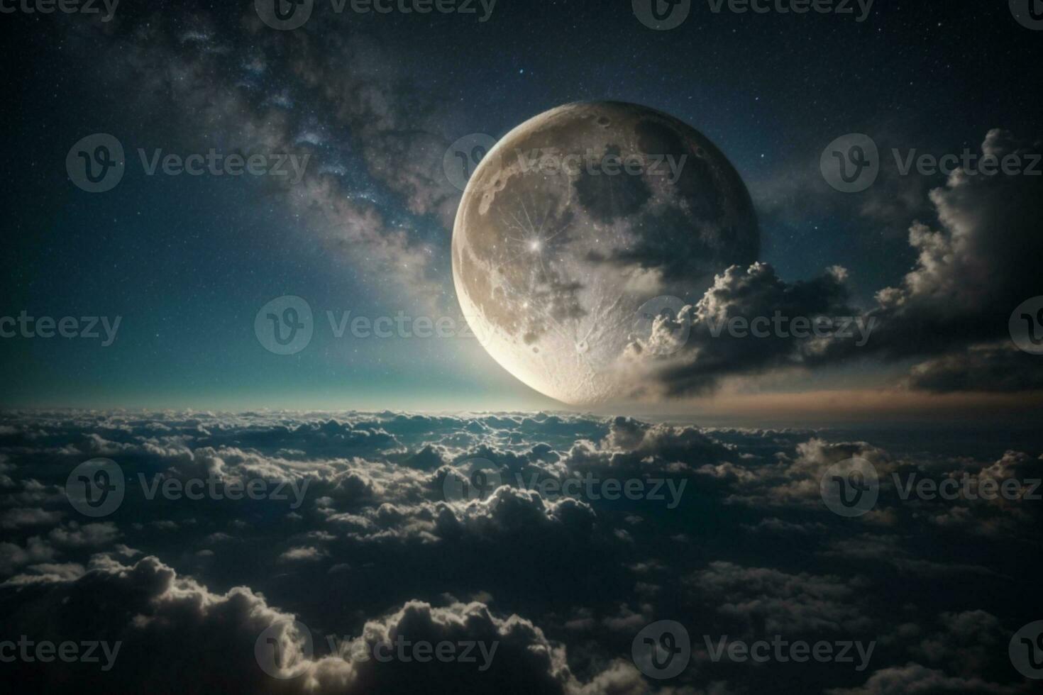 romantico Luna nel stellato notte al di sopra di nuvole. ai generato foto
