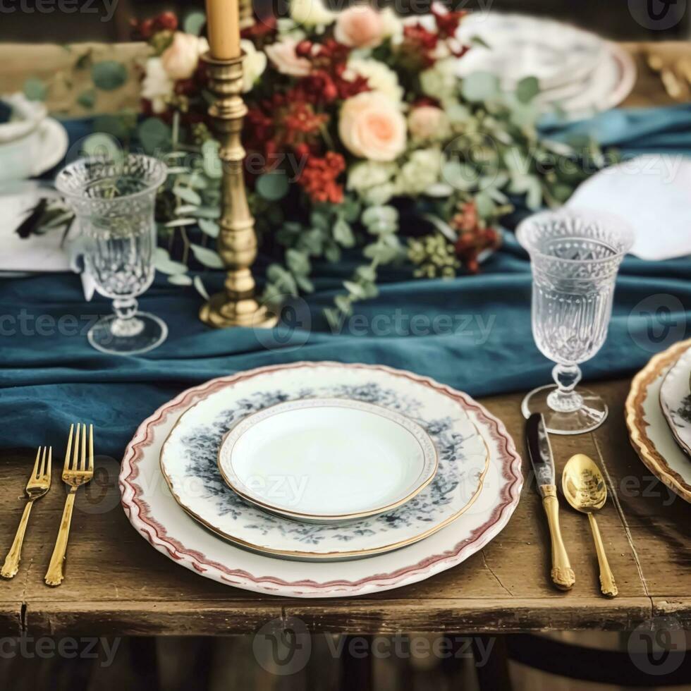 formale vacanza tablescape con blu arredamento, cena tavolo ambientazione, tavolo fuga con elegante vasellame e stoviglie per nozze festa e evento, generativo ai foto