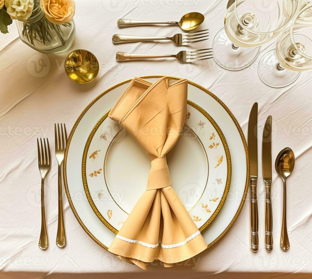 elegante cena tavolo ambientazione preparativi nel inglese nazione stile come flatlay tavolozza, piegato tovagliolo su un' servendo piatto, vasellame e vacanza tavolo arredamento, generativo ai foto