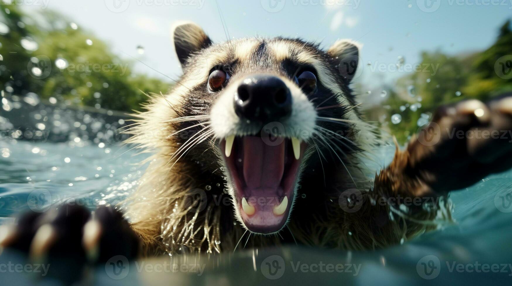 procione banda avvicinamento. procione nuotate nel il piscina. eccitato procione nel piscina nuoto e giocando nel il acqua. foto