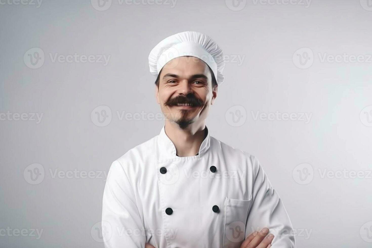 un' uomo capocuoco con un' barba e baffi nel un' bianca uniforme saluta clienti. bianca sfondo. foto