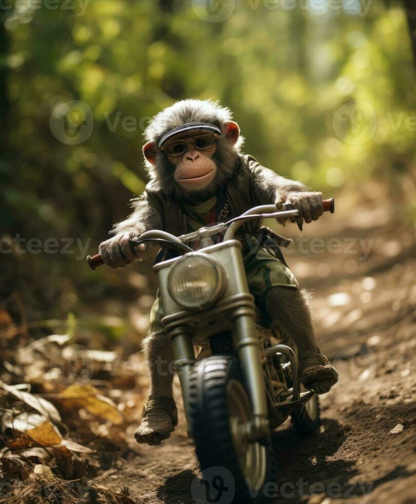 un' scimpanzé su un' minimoto equitazione attraverso un' foresta foto