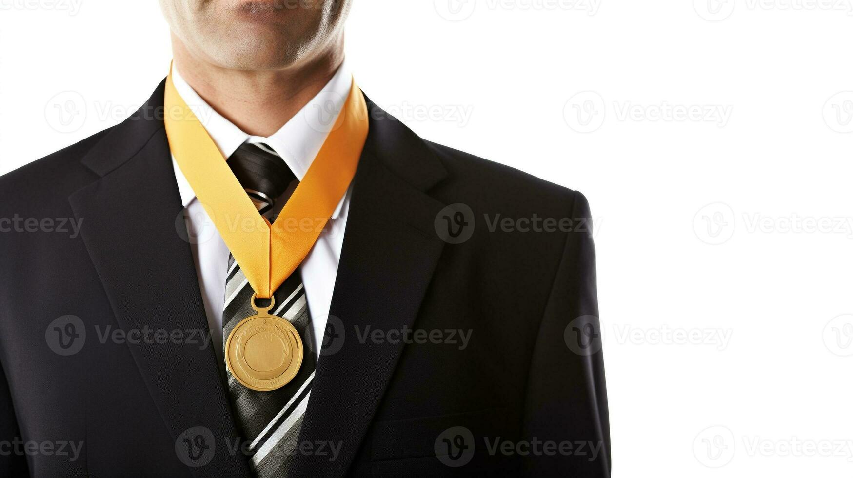 uomo d'affari con oro medaglia. medaglia premi per vincitore. generativo ai foto
