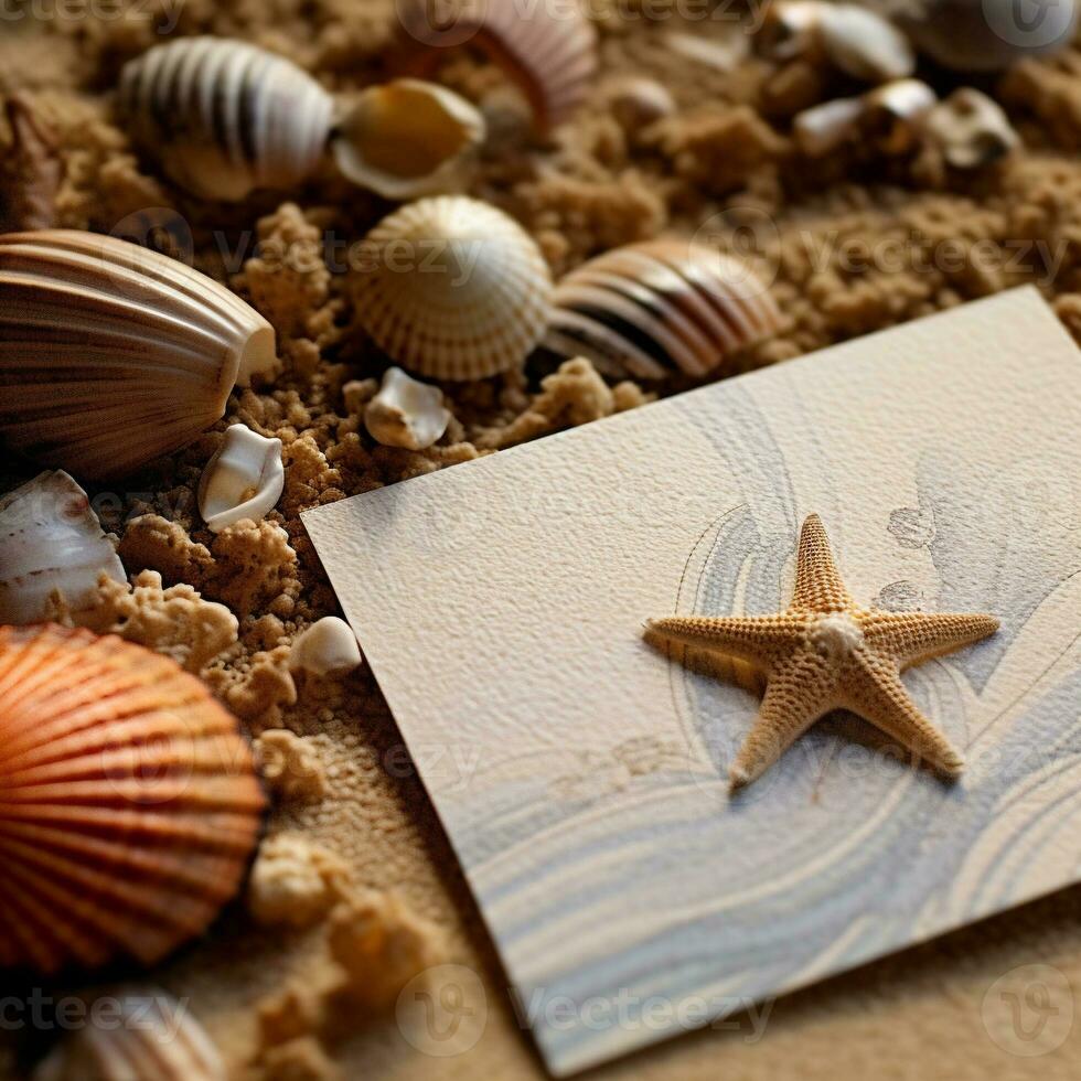 spiaggia a tema nozze invito con conchiglie e stella marina. generativo ai foto