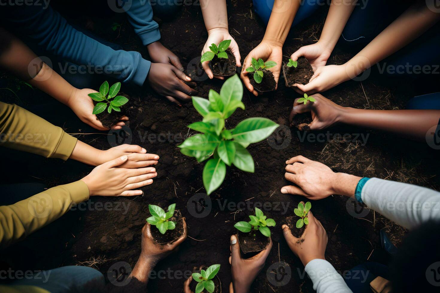 superiore Visualizza diversità persone mani assunzione cura di giovane bambino impianti in crescita nel fertile suolo. mondo ambiente giorno. rimboschimento, natura, ecologia e Salva il mondo concetto. generativo ai, illustrazione foto