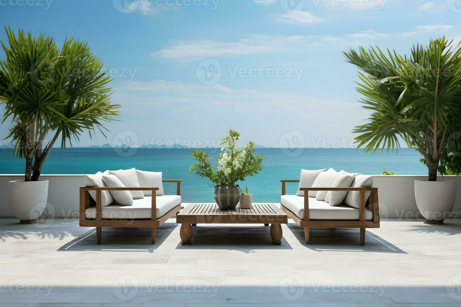 mare Visualizza terrazza o all'aperto vivente camera con divano, tropicale impianti nel lusso spiaggia Casa o moderno villa. casa interno, tropicale ricorrere concetto. foto