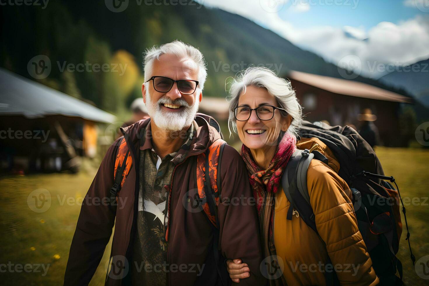 escursionista anziano coppia godendo la spesa tempo insieme avendo divertimento a piedi insieme . felicità nel la pensione, viaggio. generativo ai foto