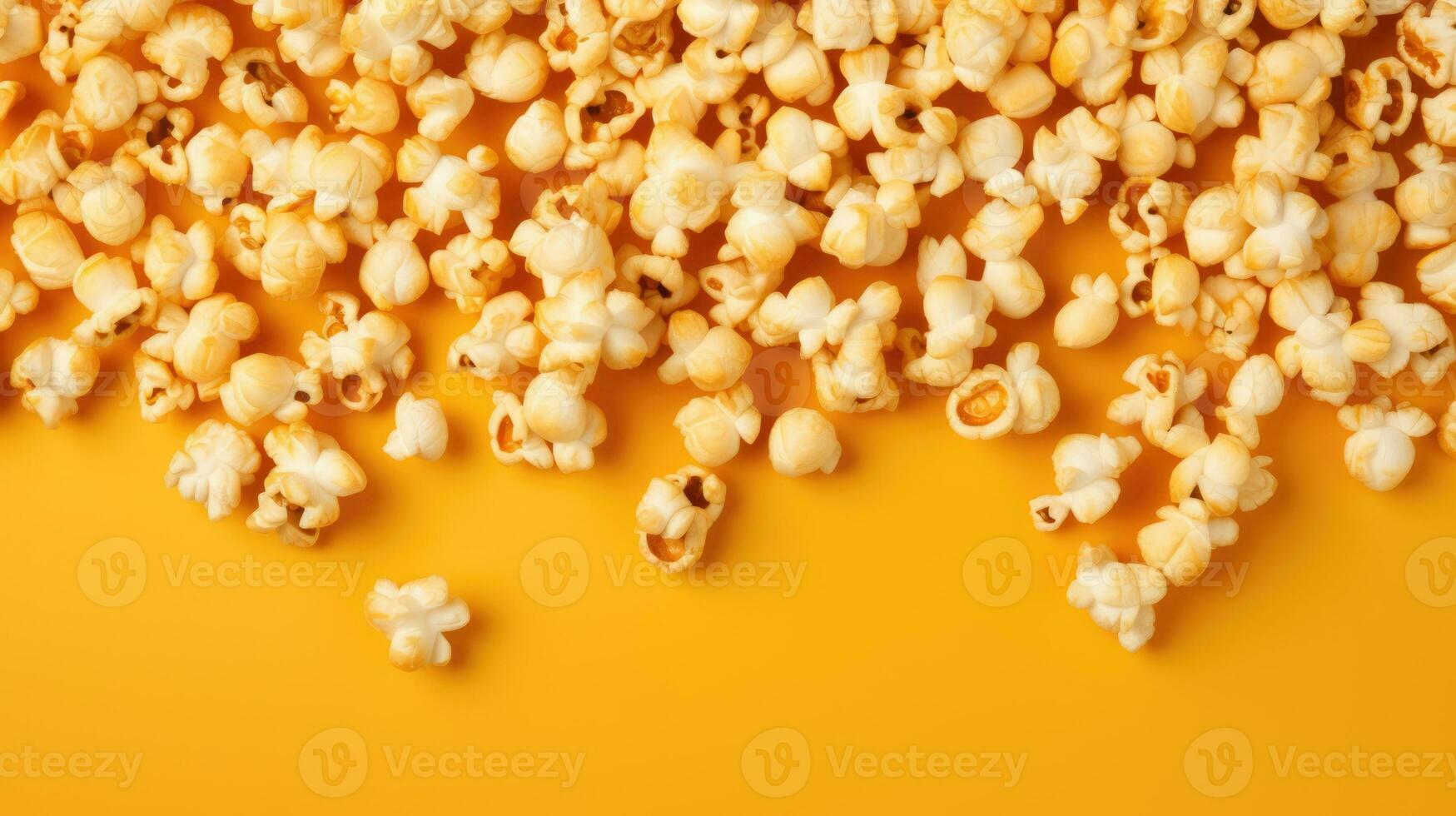 sparpagliato Popcorn nel caramello su un' giallo sfondo. bandiera per cinema foto