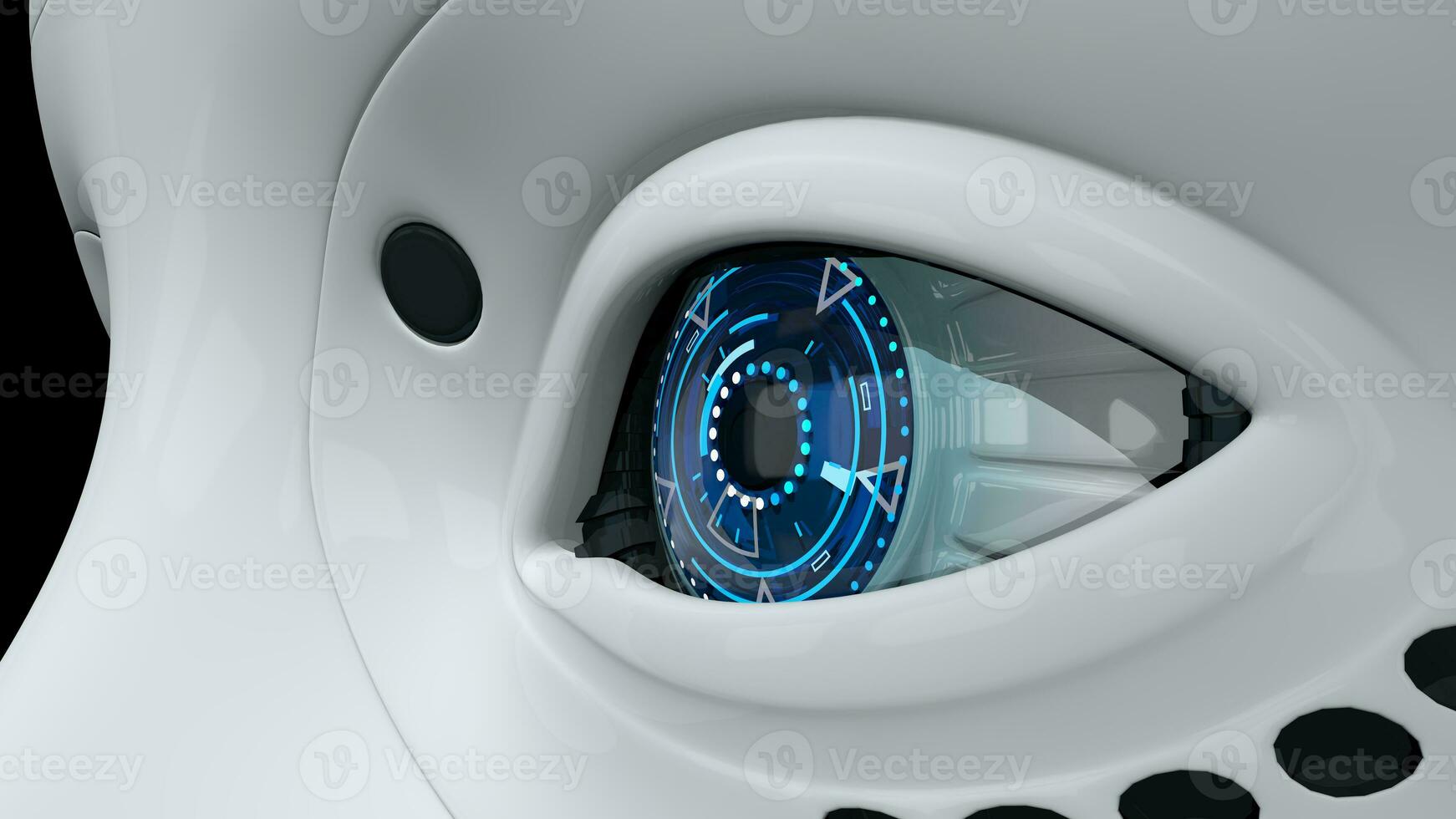 estremo avvicinamento per blu occhio di femmina umanoide robot con brillante bianca plastica pelle. 3d illustrazione foto