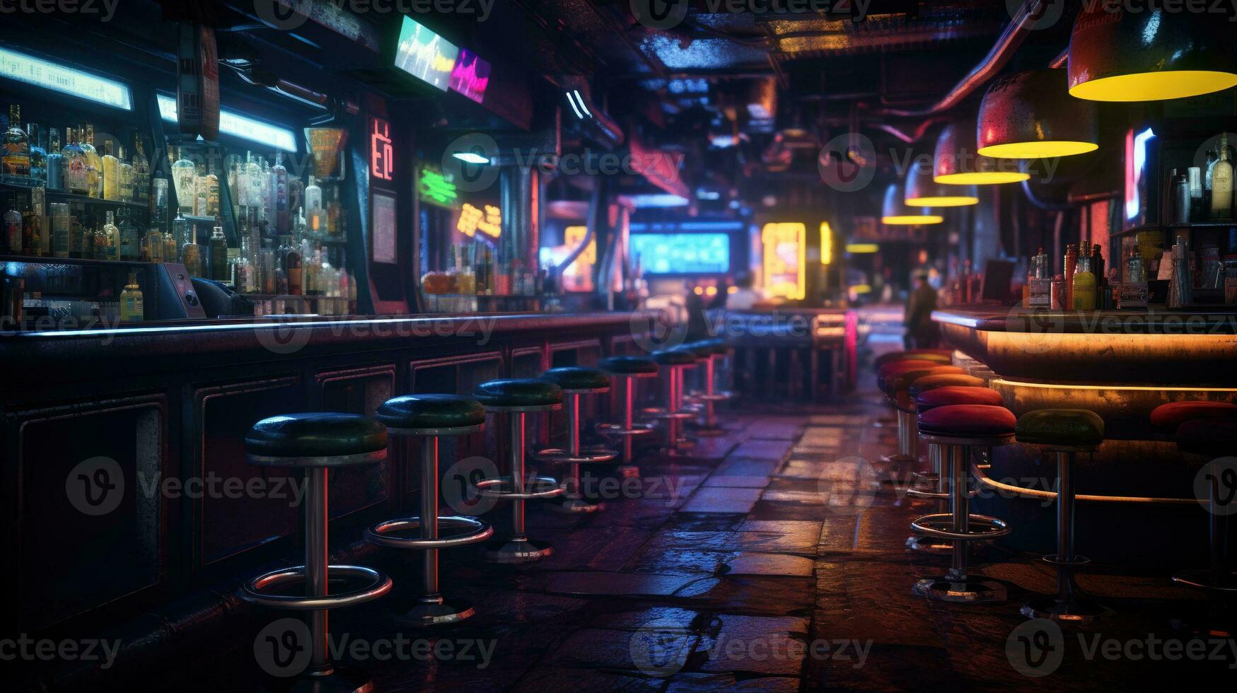 generativo ai, cyberpunk stile bar o bar. notte scena di grande città, futuristico nostalgico anni 80, anni 90. neon luci vivace colori, fotorealistico orizzontale illustrazione. foto