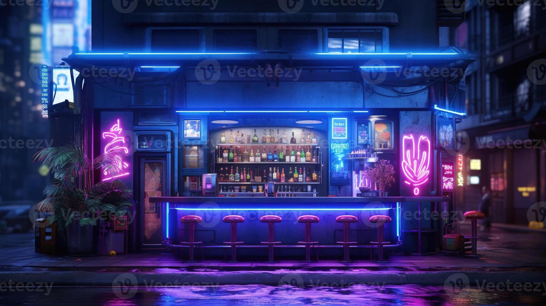 generativo ai, cyberpunk stile bar o bar. notte scena di grande città, futuristico nostalgico anni 80, anni 90. neon luci vivace colori, fotorealistico orizzontale illustrazione. foto