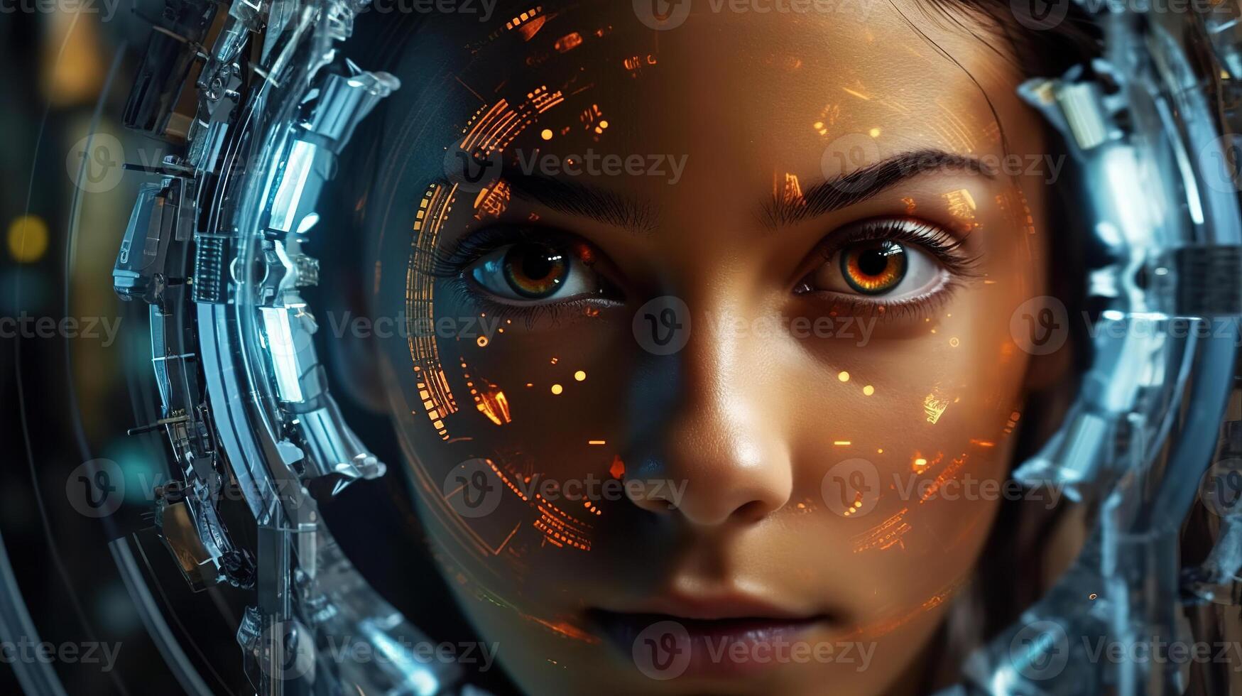 futuro donna con informatica tecnologia occhio pannello. generativo ai foto