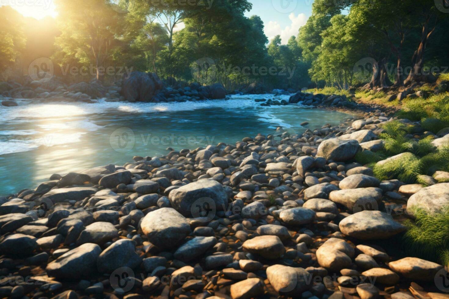 foresta fiume con pietre su sponde a tramonto. ai generato foto