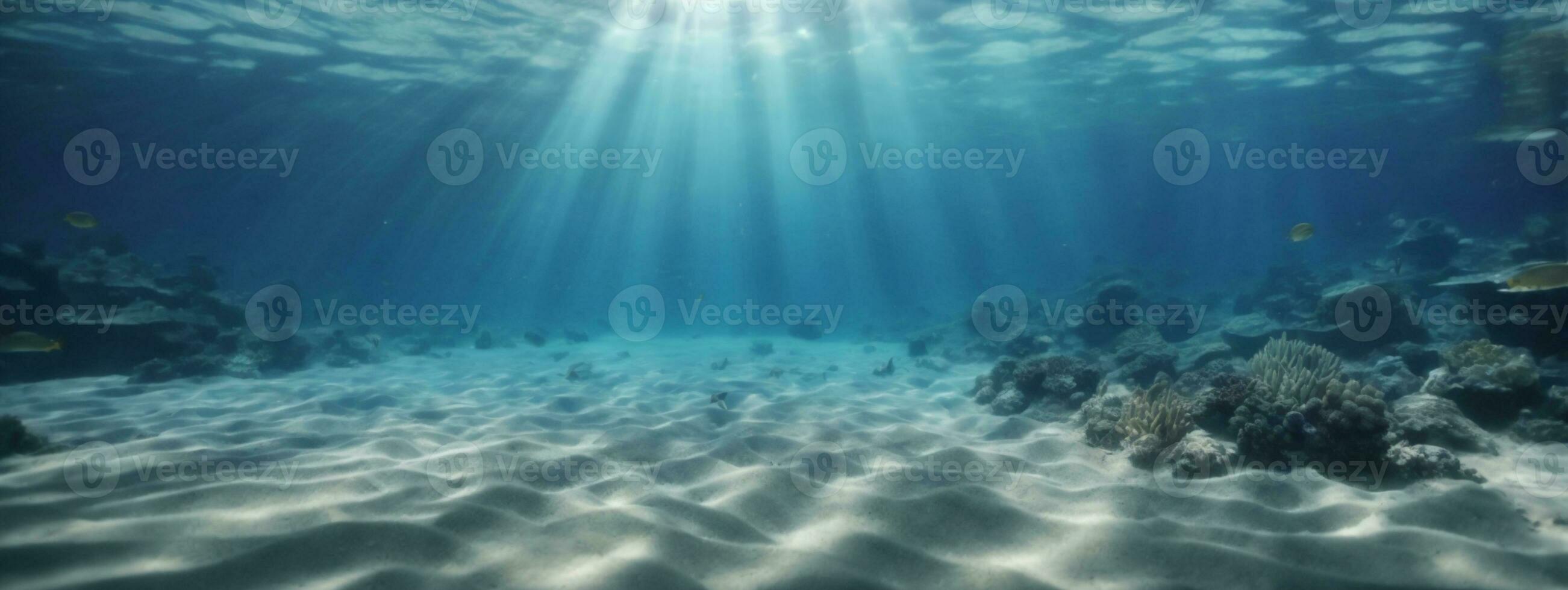 subacqueo sfondo in profondità blu mare e bellissimo leggero raggi con sabbioso pavimento. ai generato foto