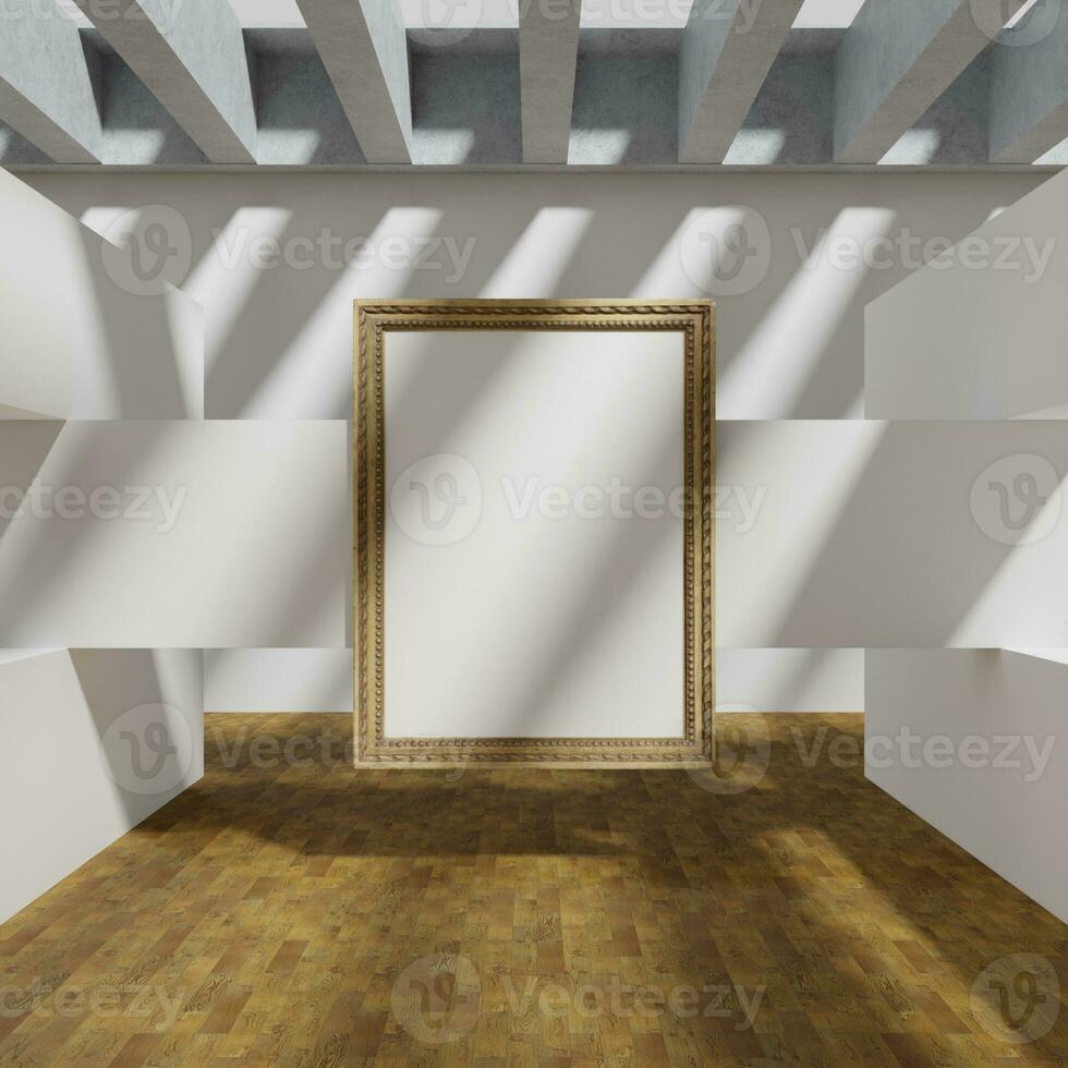 classico di legno telaio modello manifesto sospeso su il bianca Pilar nel il arte galleria Museo foto