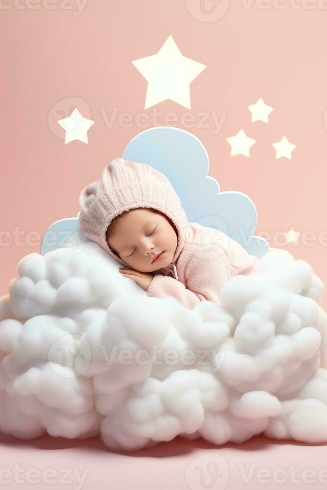 un' bambino con calma napping su un' capriccioso nube letto isolato su un' pastello pendenza sfondo foto