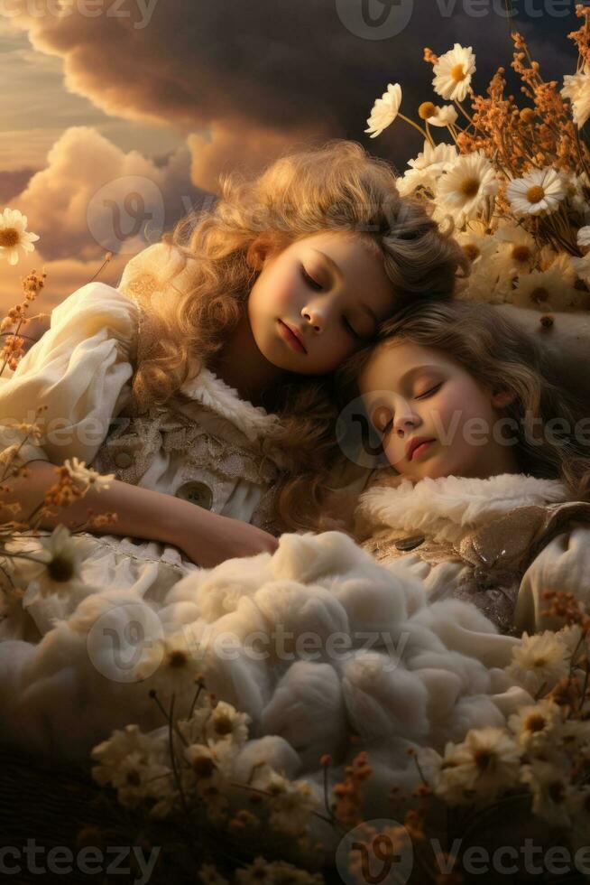 bambini pacificamente addormentato su soffice nuvole nel un' sereno sognante paesaggio foto