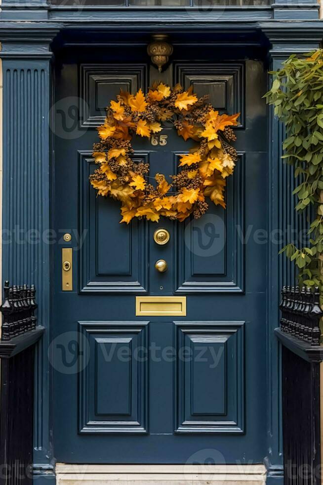 Decorazione di ghirlande autunnali su una classica porta d'ingresso che  accoglie la stagione delle vacanze autunnali con decorazioni autunnali  generative ai