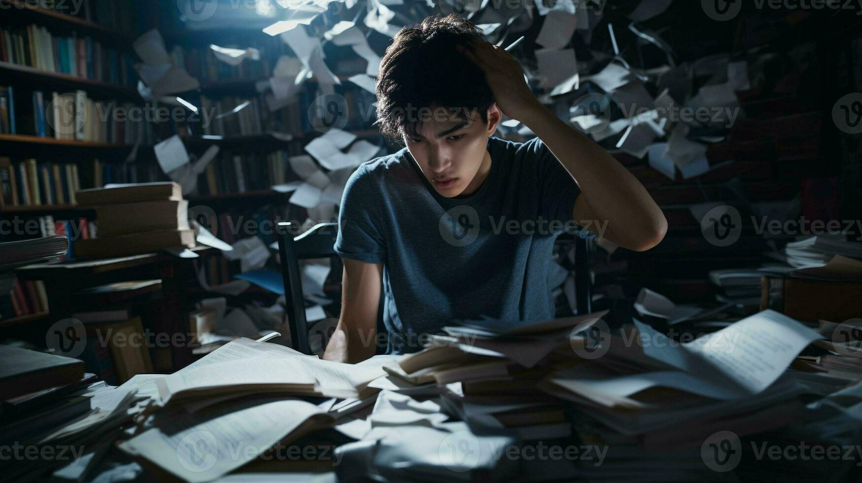 stressato adolescente studiando a casa. cattura il realtà di accademico pressione e studia fatica foto