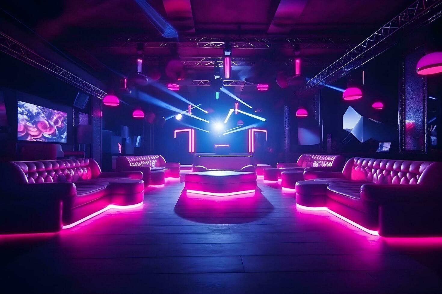 interno di un' notte club con neon luci. 3d rendering, colorato interno di luminosa e bellissimo notte club con buio posti a sedere e raggiante luci, ai generato foto