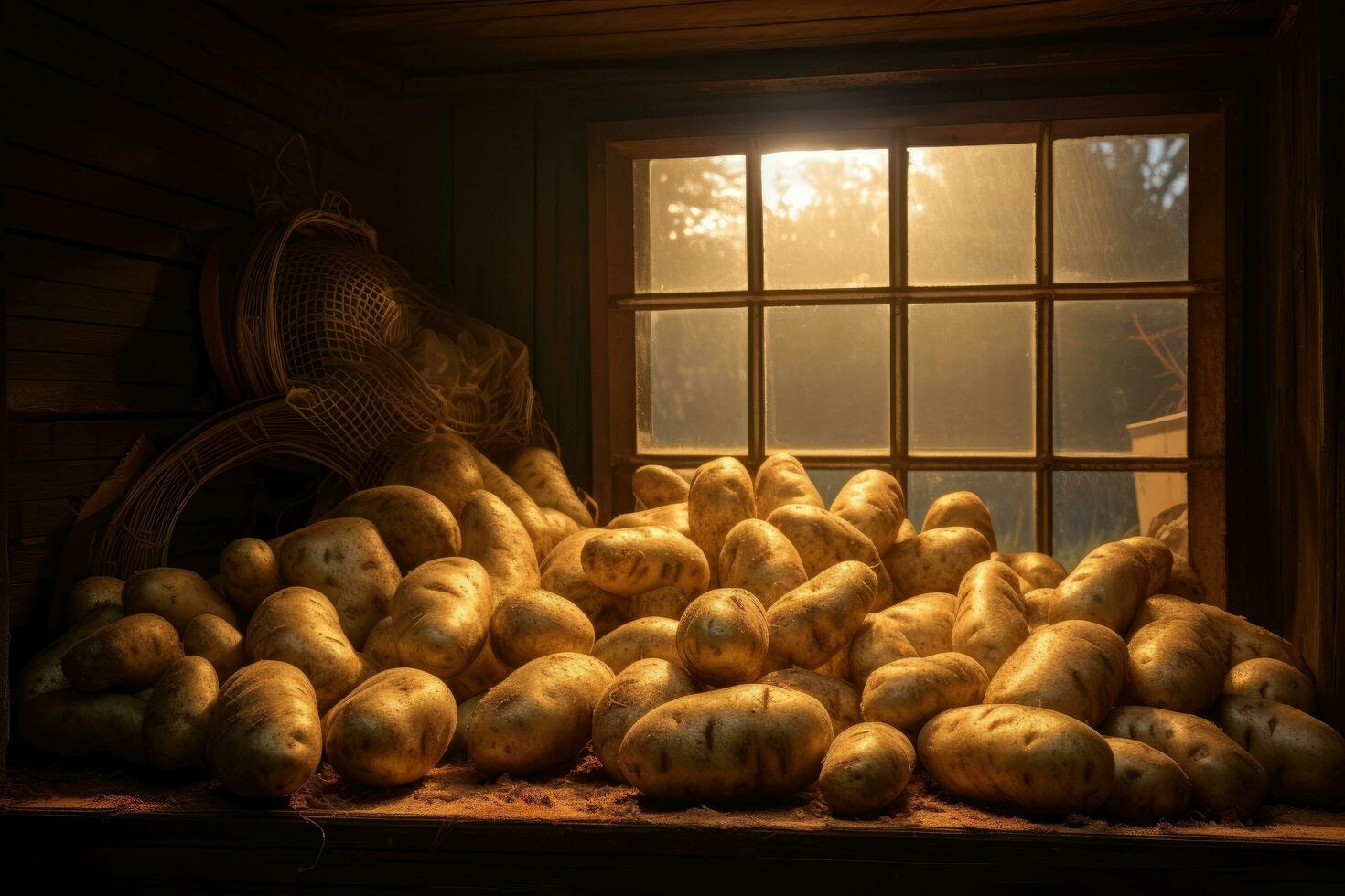 patate nel un' cestino su il davanzale di un' nazione Casa, artistico ricreazione di patate raccolto nel un' Conservazione con leggero entrata attraverso il finestre, ai generato foto