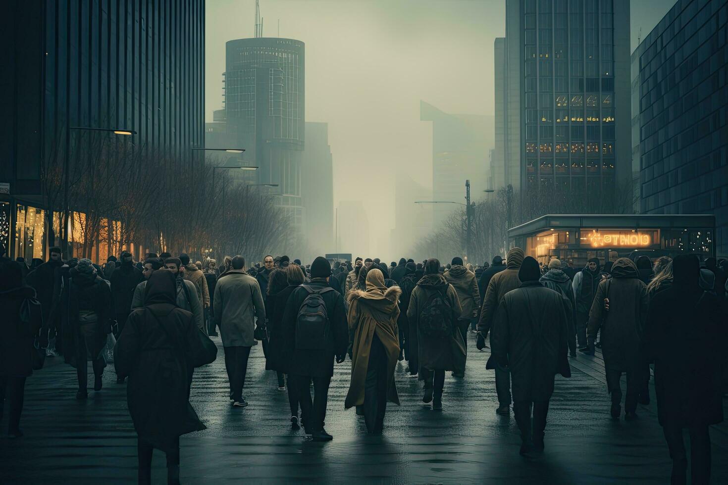 folla di persone a piedi su il strada nel un' nebbioso giorno, anonimo folla di persone a piedi su città strada, ai generato foto