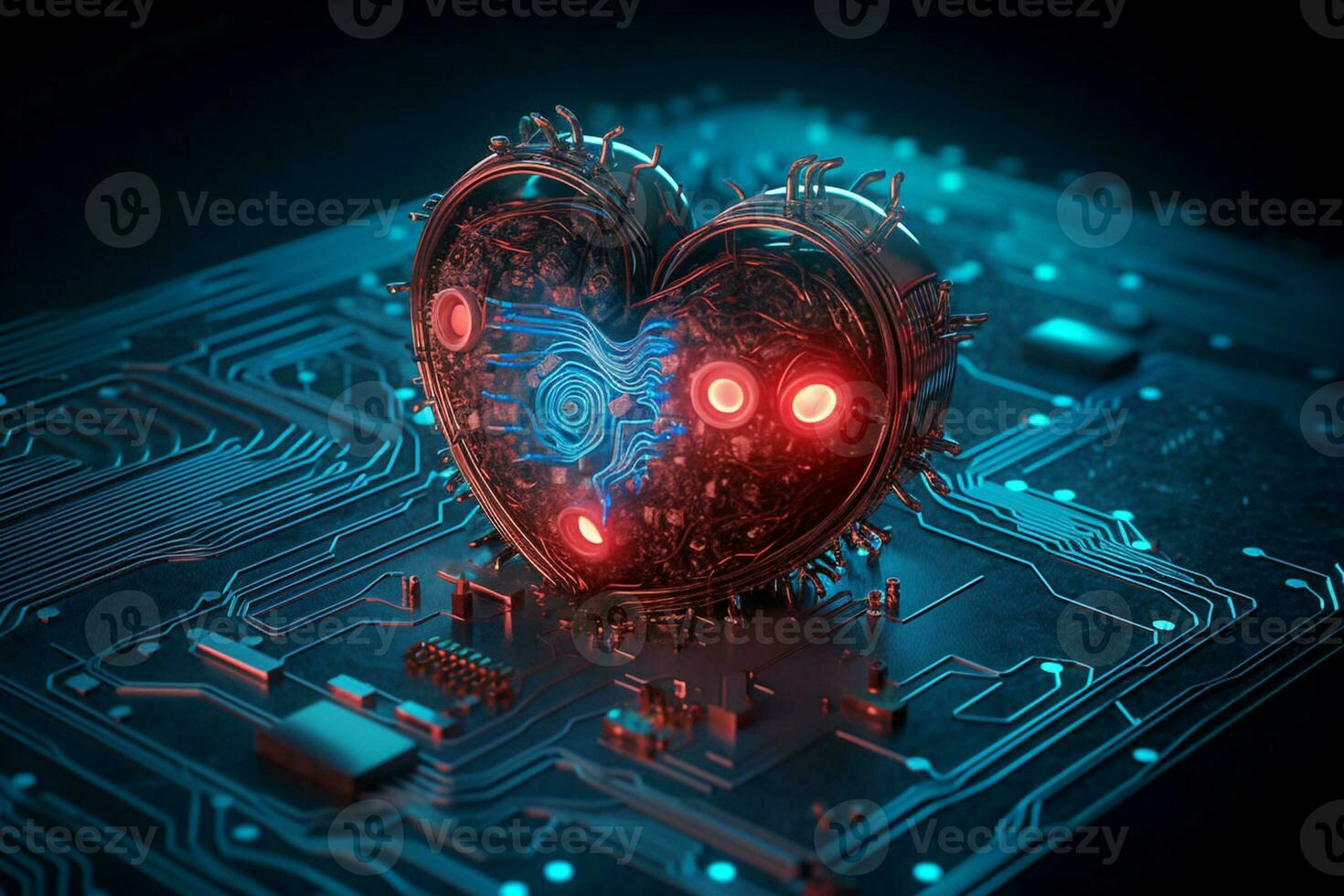 generativo ai. digitale amore rosso a forma di cuore computer circuito tavola foto