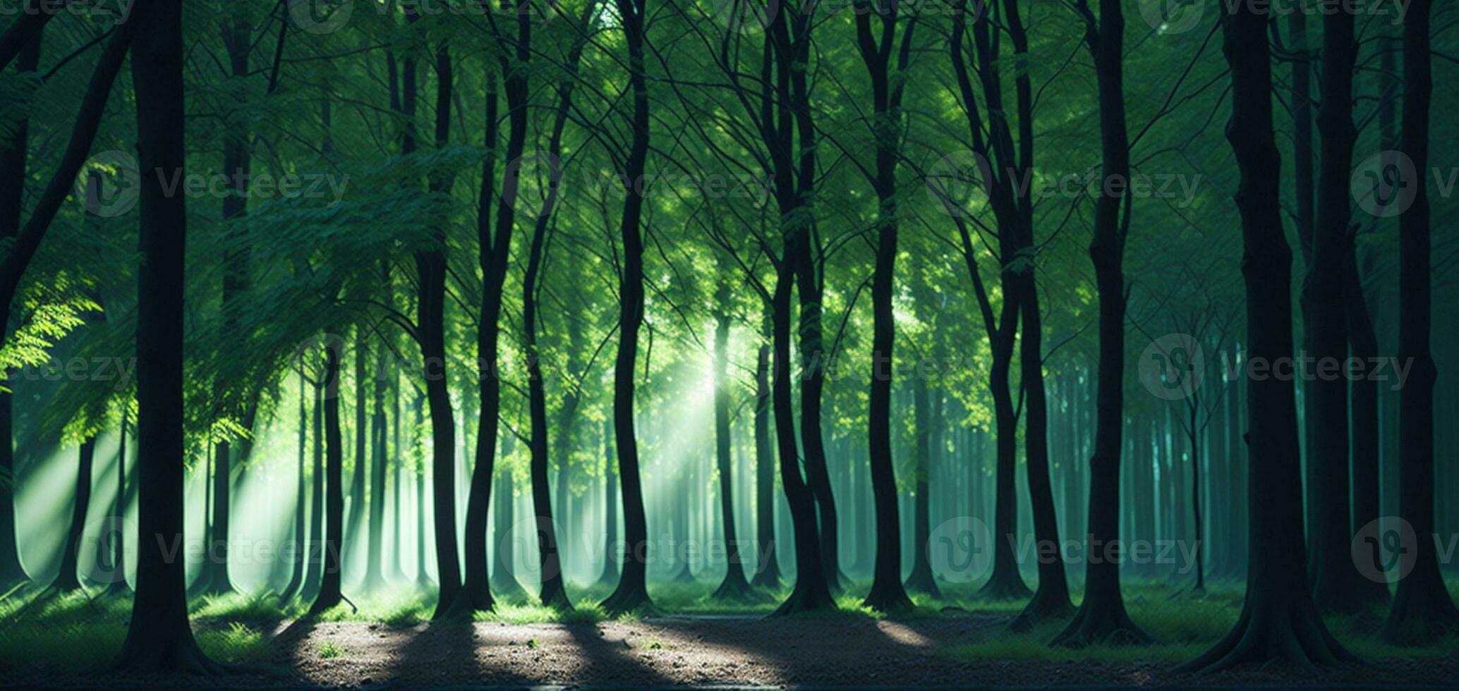 bellissimo raggi di luce del sole nel un' verde foresta. ai generato foto