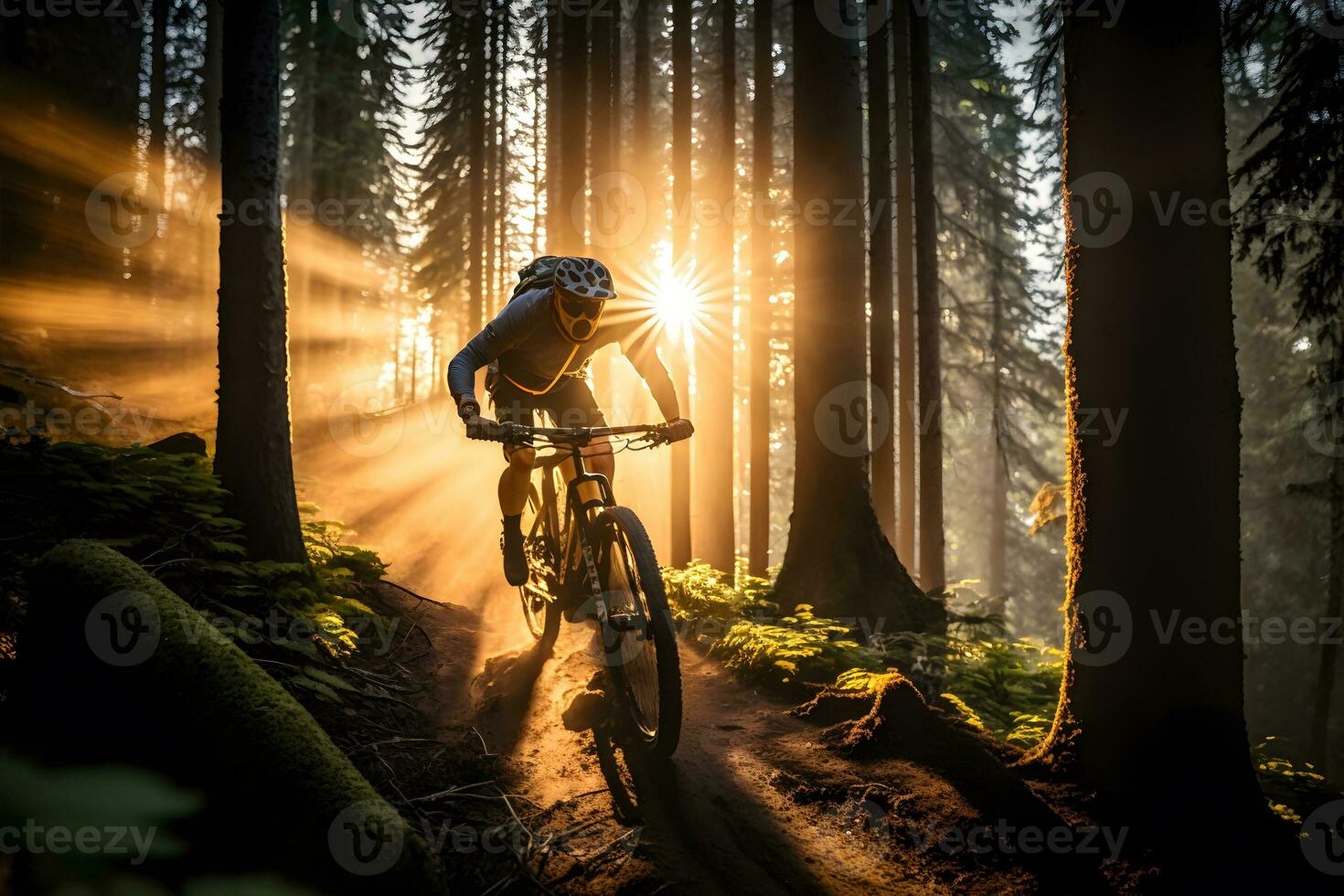 generativo ai.mountain bicicletta avventura equitazione attraverso un' panoramico foresta a tramonto foto