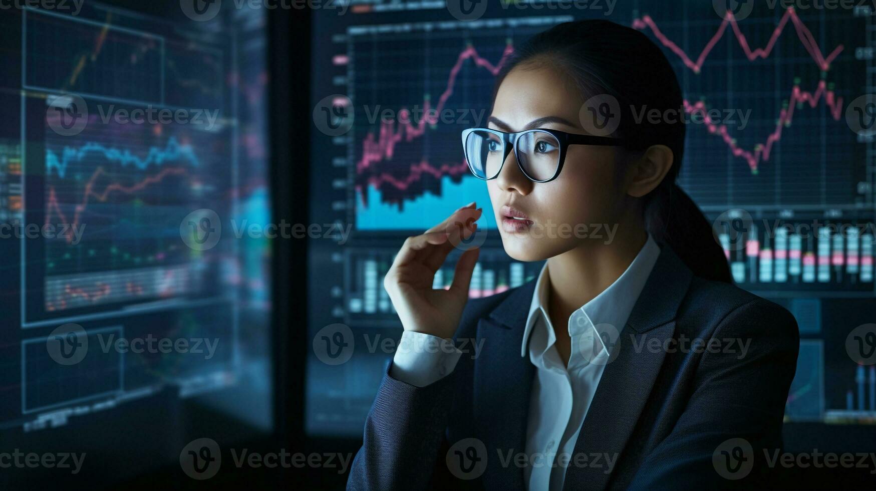 generativo ai. asiatico donna d'affari analizzando investimento portafoglio su computer schermo con multiplo grafici foto